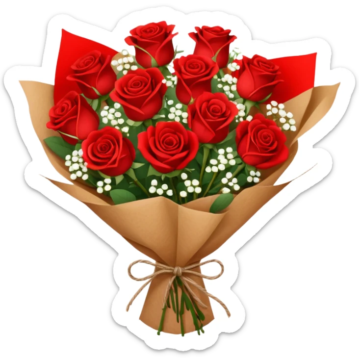 A brown paper-wrapped bouquet of fresh roses and baby’s breath sticker