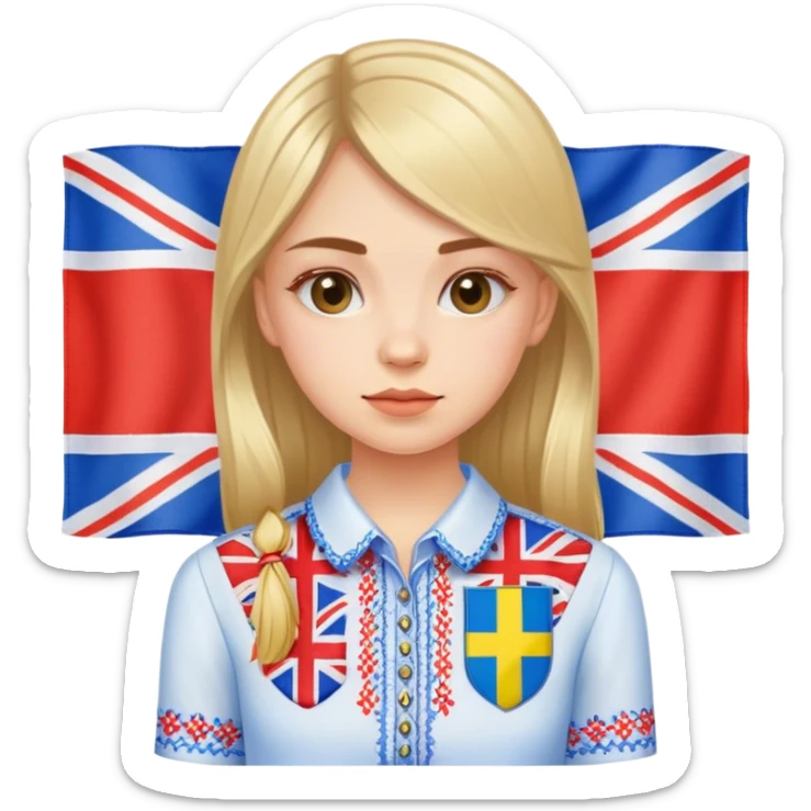 Ukrainian girl in an embroidered shirt against the background of the British flag sticker
