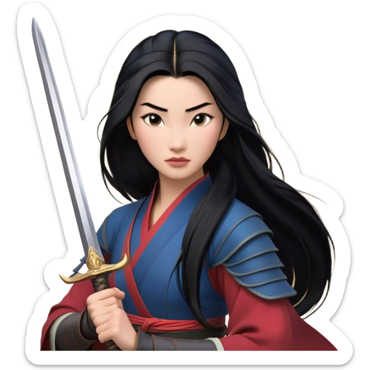 Cinematic Realistic Mulan Portrait, depicted with lifelike skin texture, soft natural lighting, and intricately detailed long black hair styled elegantly. Her deep, expressive eyes exude determination and grace, complemented by a serene yet confident expression. She stands with one hand resting on the hilt of her sword, the other by her side, exuding strength and poise. She is dressed in her classic attire, with rich fabric textures and delicate folds that catch the light beautifully. The portrait features a soft, enchanting glow with a natural, radiant finish, capturing the essence of timeless strength and beauty in a realistic and painterly style, evoking a sense of depth and authenticity. sticker