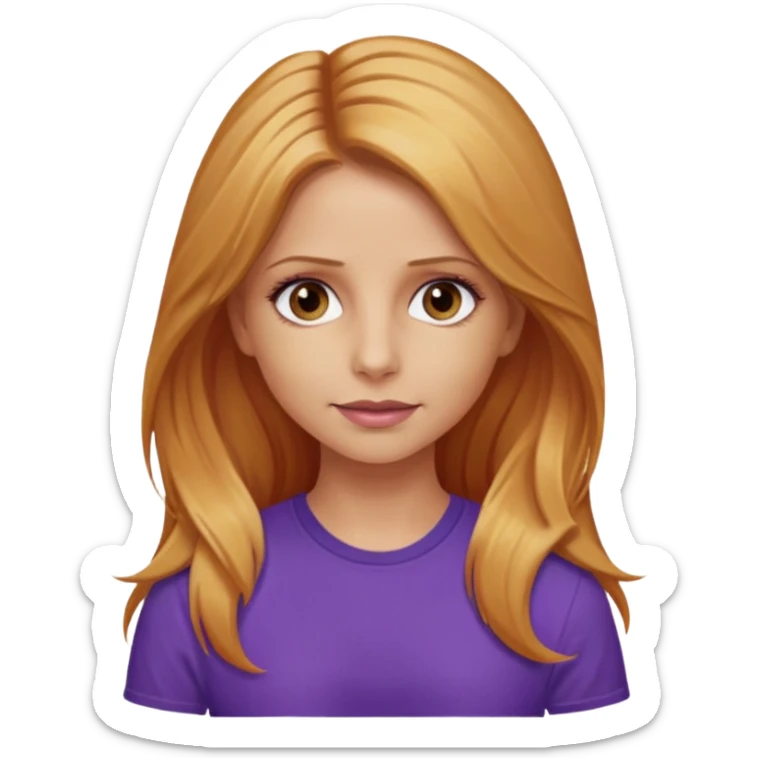 Sarah Michelle Gellar with hazel eyes, strawberry blonde long hair, purple shirt sticker
