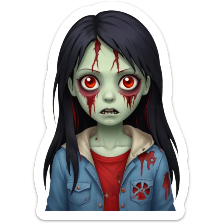 Garota zumbi cabelo longo preto, mechas vermelhas SOMENTE nas laterais, na frente da cabeça sticker