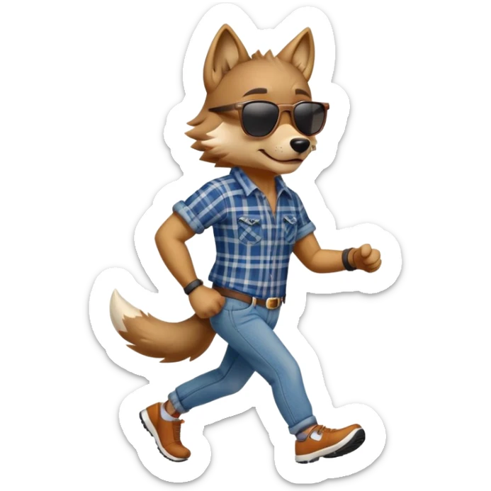 friendly anthropomorphised wolf in jeans and plaid shirt, wearing dark sunglasses, jogging upright in relaxed pose sticker