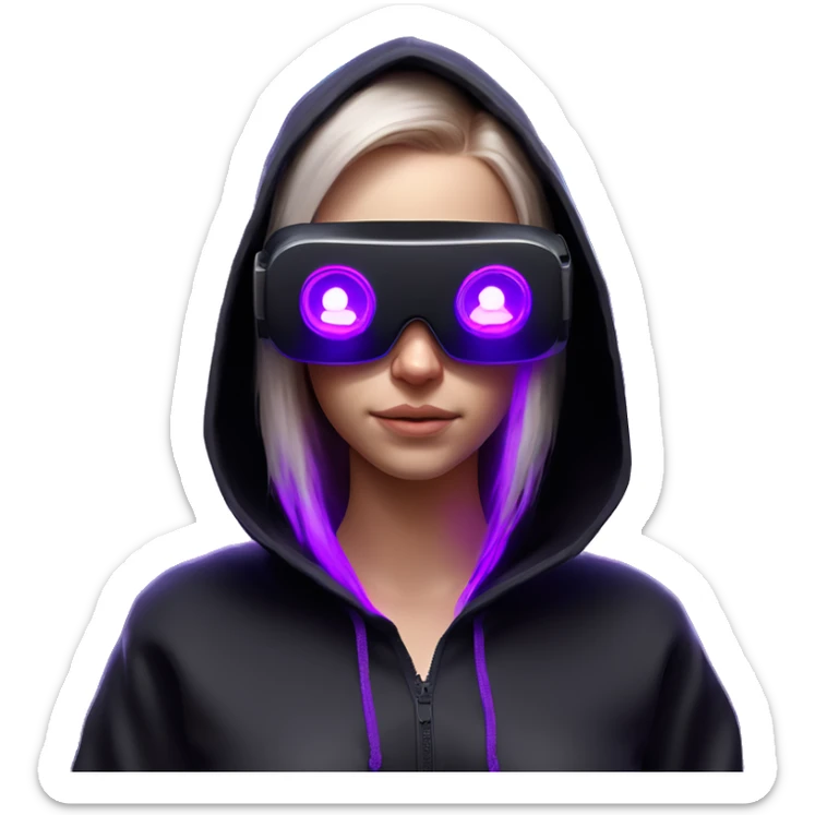Russian girl wearing black hoody with violet letters "OMG", in vr headset oculus quest2. Standing like jedi. Cyberpunk style. Violet neon. sticker