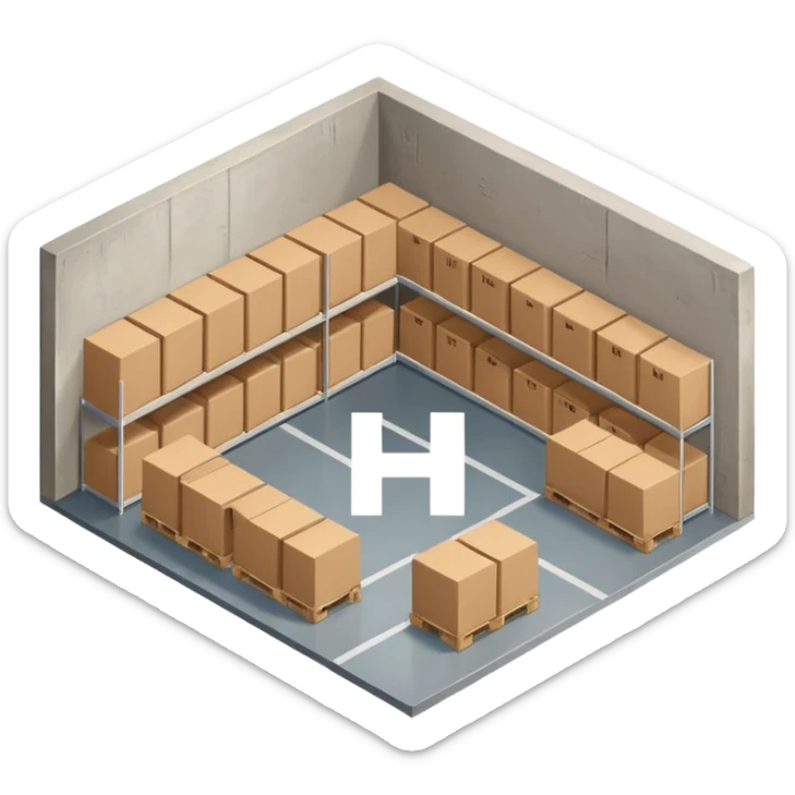 warehouse layout with shelves and a path in the shape of the letter H, simple and clear sticker