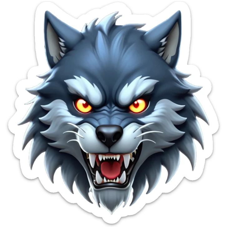 cinematic-noble-fierce-werewolf-head-close-up-emoji, poised-and-imposing, with a fierce wolfish face featuring glowing eyes full of primal ferocity, sharp, elongated fangs and a rugged snout, fur rippling in shades of midnight black and silver, muscles tensed and hunched over in an intense, threatening stance; rendered with realism, capturing the raw, untamed power of the beast beneath the moonlit sky sticker