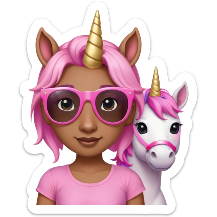 friendly anthropomorphised female unicorn with horse-like face, in tutu and pink t-shirt, wearing dark sunglasses, standard pose, close-crop head and shoulders portrait sticker