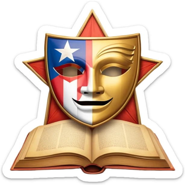 Ancient leatherbound book with prominent Puerto Rican flag star in center of cover, wooden theater masks and curtains framing the edges, warm amber glow emanating from pages, vintage textured parchment sticker