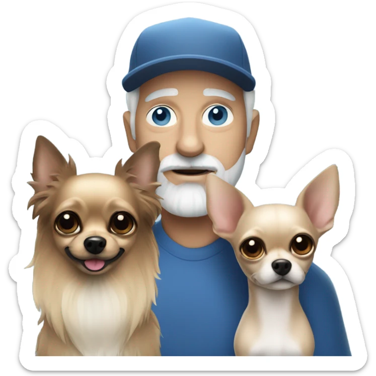 Blue eyed Old man with goatee beard ball cap holding long haired black chihuahua sticker