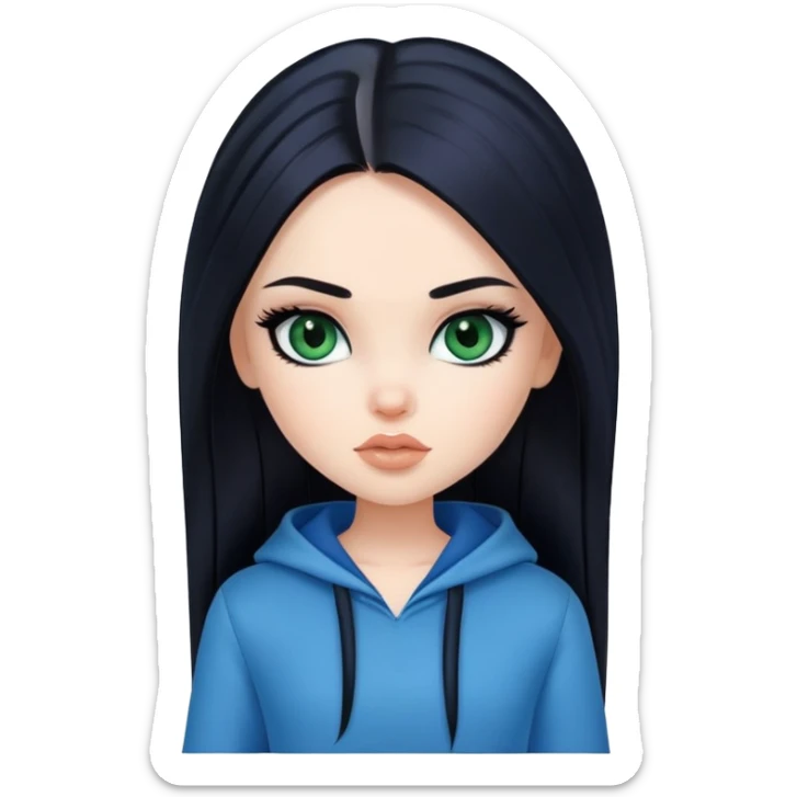 pretty bratz girl, long straight black hair, dark green eyes, black eyeliner, pale skin, blue style sticker