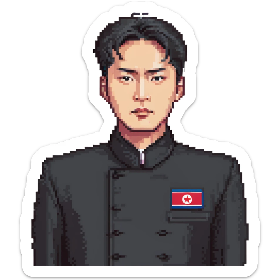 Portrait of a North Korean man, serious and stern, official portrait of a chief engineer at a shipyard, wearing formal dark clothing, neutral background, restrained style, DPRK propaganda style portrait, minimalist, masculine, confident gaze sticker