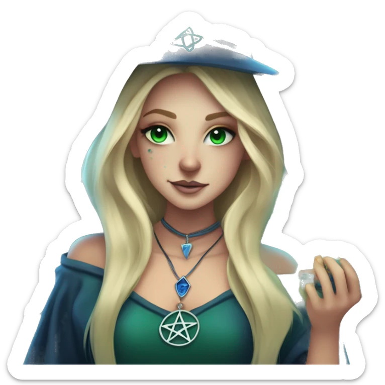 blonde witch girl with green eyes and straight hair with a birthmark above her upper lip wearing a necklace in a form of pentacle with a small blue stone inside doing tarot spread  sticker