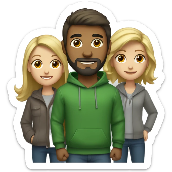 two girls and one guy. one of the girls is a blonde in a green sweater, the other has brown hair and wear gray hoodie, in the middle is a guy with dark hair and a beard sticker