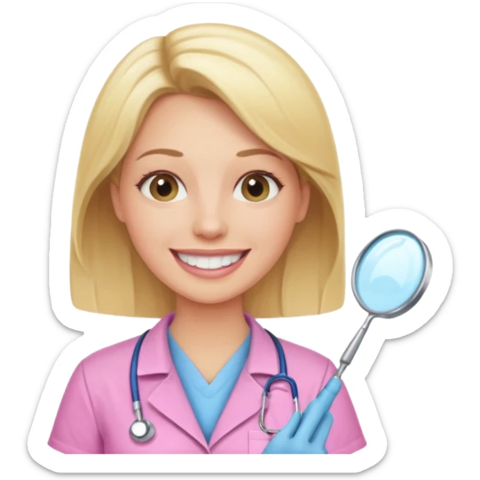 dentista mulher, loira, pele branca, camisa rosa, sorrindo transmitindo verdade e confiança sticker