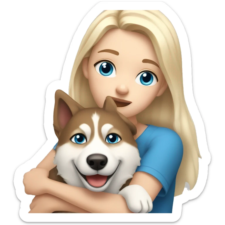 a girl with blue eyes and light-blond hair hugs a husky dog ​​with brown eyes sticker