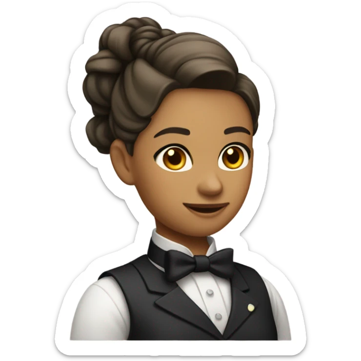 a female butler with a professional and elegant demeanor. She has her hair neatly tied in a ponytail and wears a classic butler uniform, including a tailored vest, crisp white shirt, and bow tie. sticker