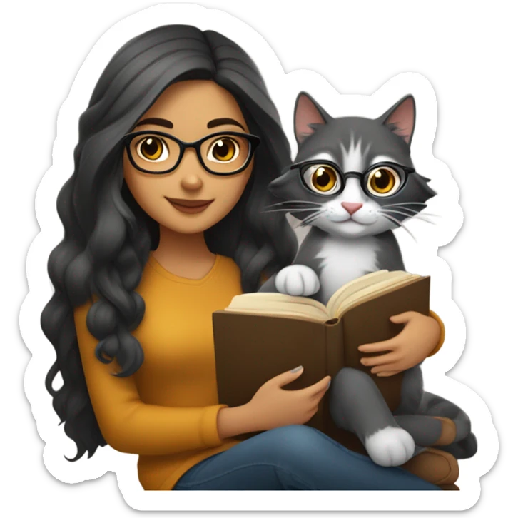 Beautiful Hispanic girl, wearing glasses, long dark- gray hair, sitting with a cat and book on her lap.  She’s wearing fall colors.  sticker