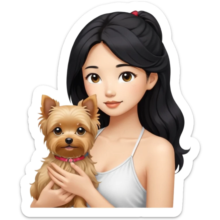 A pretty Asian girl with long, luscious wavy black hair (loose, no hair tie), wearing a white sleeveless halter top. She's holding a Yorkshire Terrier.  sticker