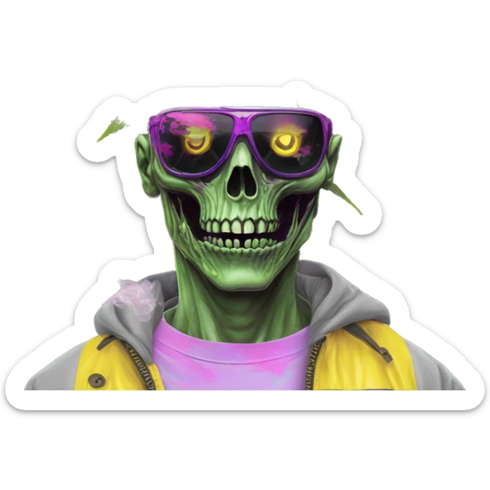 420 .Zombie_ Vaporwave black holographic oilslick zombie unicorn smoking yellow caution tape hemp leaves sticker