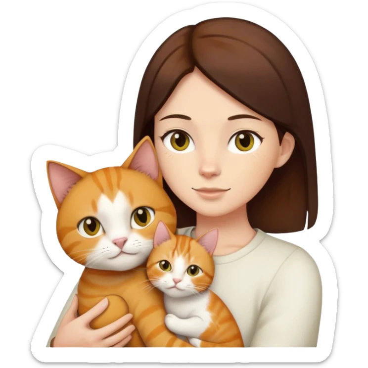 Straight hair ear length in dark brown , holding one ginger cat and one yellow white cat sticker