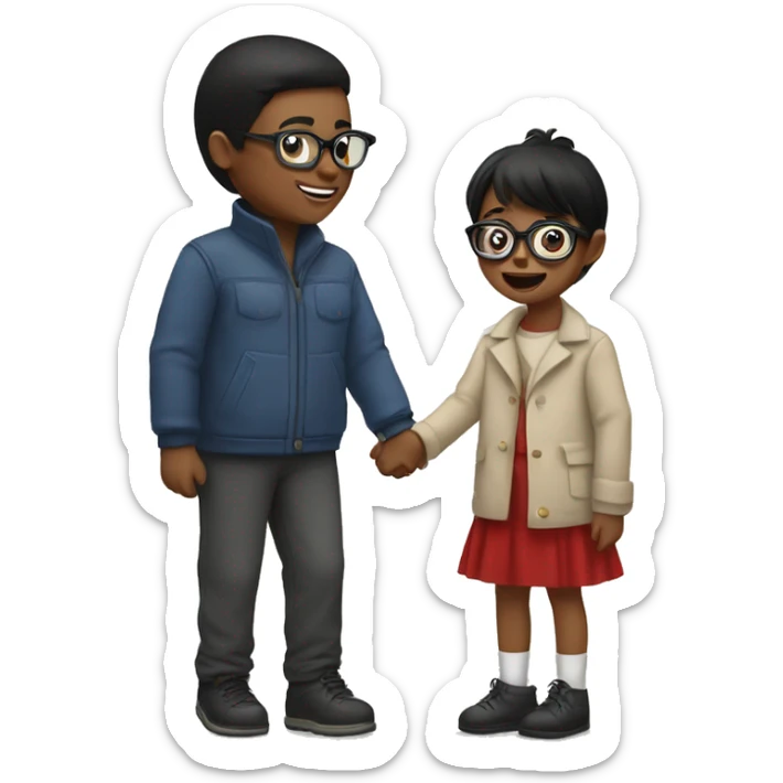 Girl with short straight black hair & glasses holding little boys hand at Christmas parade  sticker