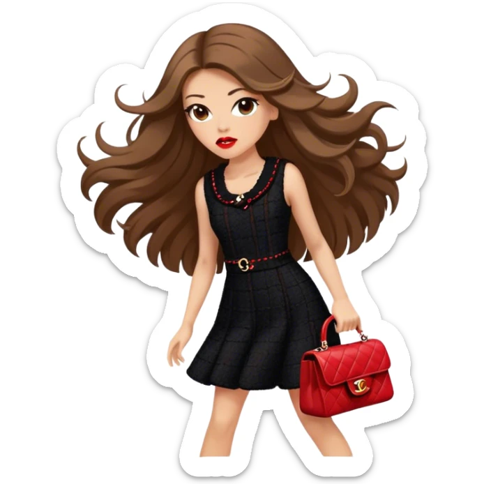 White girl with brown long hair dressed up in black chanel tweed dress with a red chanel bag and red lipstick. Close up shot with wind blowing her hair looking fancy sticker