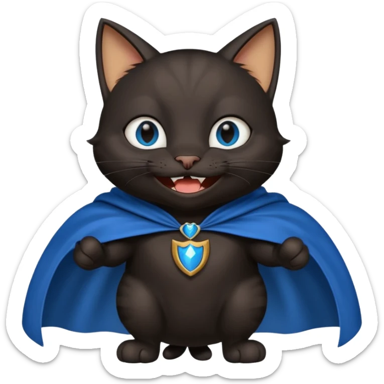 an all black anthropomorphic cat with blue eyes wears an all black cape and is smiling a mischievous sharp tooth grin sticker