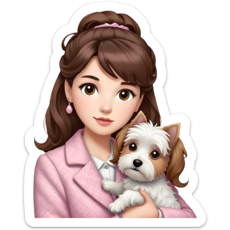 “A woman with fair skin, long brown hair styled in a half-updo with bangs, and large brown eyes framed by long, beautifully curled eyelashes. She has a mature appearance and is wearing a baby pink tweed jacket. She is holding a West Highland White Terrier in her arms.” sticker