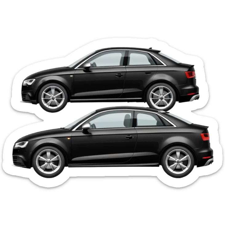 emoji of a black car, model audi a3, being towed by a tow car. profile horizontal view sticker