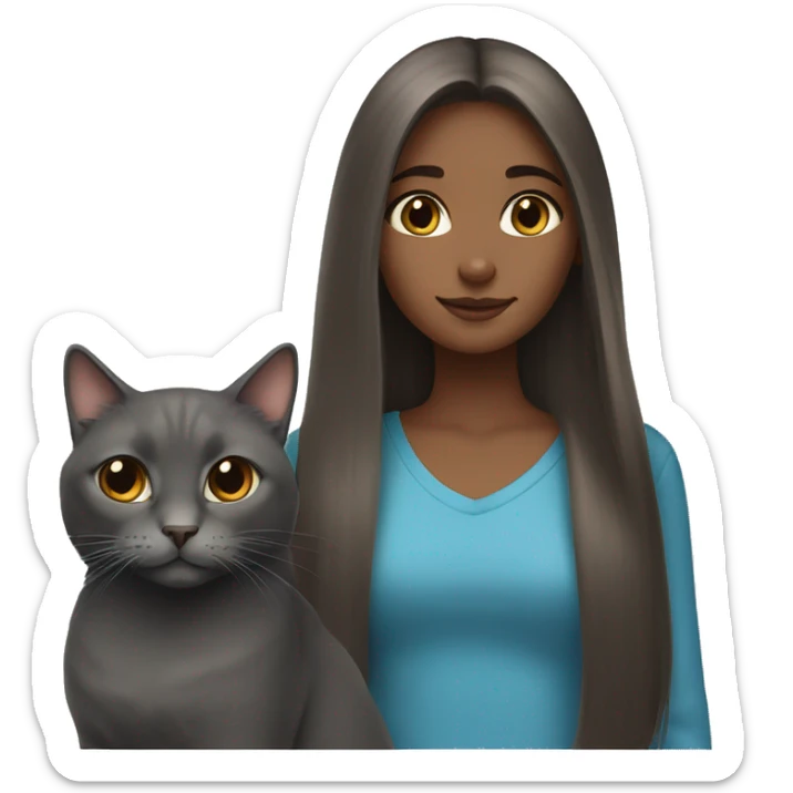 Brown long hair girl and russian blue cat together sticker