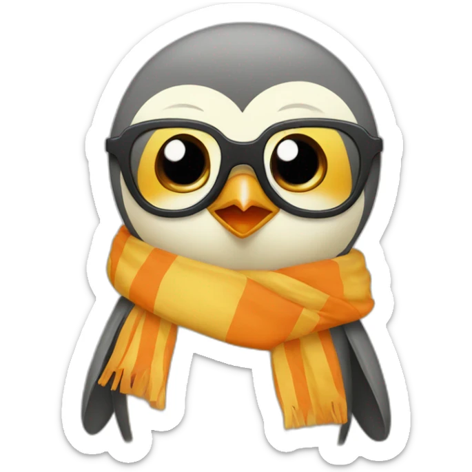yellow penguin with black glasses dirtyblonde hair with orange tshirt and gray striped scarf sticker