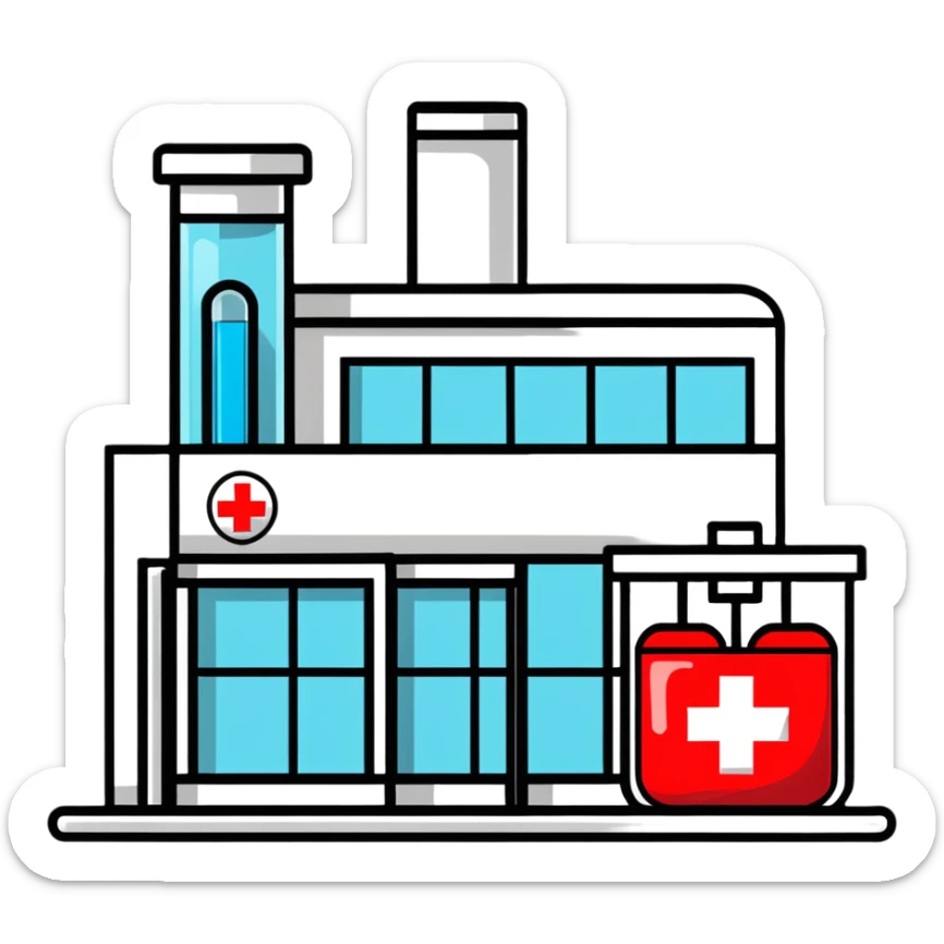 Modern medical clinic building with red cross symbol, test tubes, and heart icon sticker