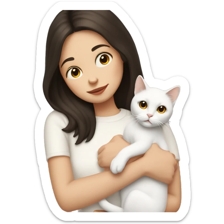 A pale girl with dark brown hair is holding a white cat in her hands sticker