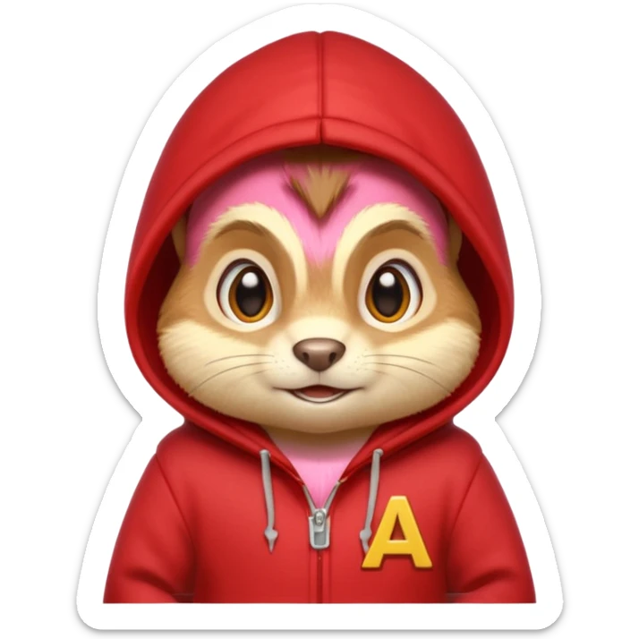 Portrait of a cartoon chipmunk with light brown and beige fur, wearing a red hoodie no zip with a yellow 'A' on it, big round eyes, small nose, and a mischievous grin, front-facing, stylized in animated movie style sticker
