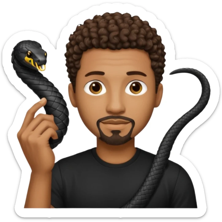 Homme noir, yeux marron avec un bouc menton, cheveux court et bouclé crépus avec un dégradé sur le côté, avec un cobra à côté , t-shirt noir  sticker