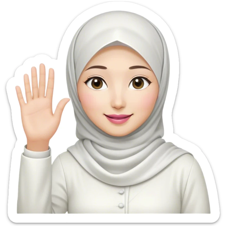 Asian white woman hijab, her hijab color is white, her face is small oval, her face is firm, her lips are pink, her eyes is shining, her face looks happy and excited, her eyes are also smiling, her outfit color is white. Generate emoji that show full body and her left hand is waving to the left sticker