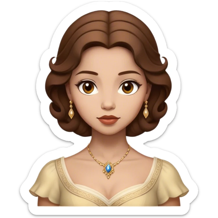 Cinematic Realistic Belle Portrait, depicted with lifelike skin texture, soft natural lighting, and intricately detailed brown hair styled elegantly. Her deep, expressive eyes exude warmth and intelligence, complemented by a serene and graceful expression. She is dressed in her classic attire, with rich fabric textures and delicate folds that catch the light beautifully. The portrait features a soft, enchanting glow with a natural, radiant finish, capturing the essence of timeless beauty in a realistic and painterly style, evoking a sense of depth and authenticity. sticker