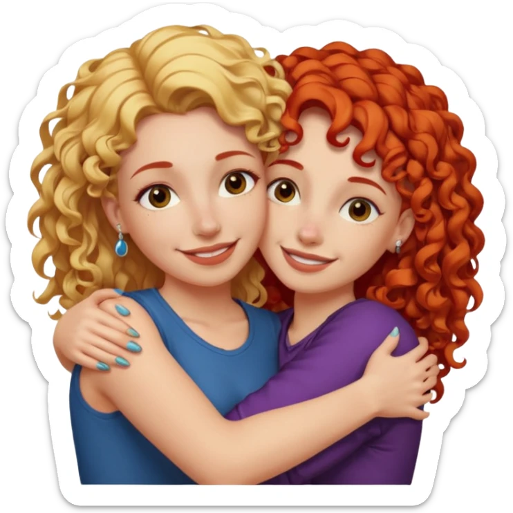 A woman with straight, blonde hair and a nose piercing and a woman with curly red hair and a nose piercing are hugging and smiling together. sticker