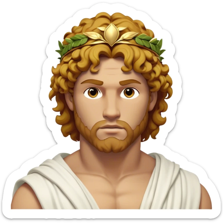Cinematic Realistic Hercules Portrait, depicted as a classical Greek hero merging the fierce masculinity of Hercules with the refined face of Michelangelo's David. His light tan, chiseled skin glows with timeless strength, and his thick, curly, golden brown hair cascades in natural, sculpted curls reminiscent of a warrior’s mane. Draped in a flowing white robe with delicate golden accents and crowned with a traditional Greek laurel wreath, his intense, determined eyes exude noble might, all rendered under dynamic natural lighting with a mythic, radiant glow. sticker