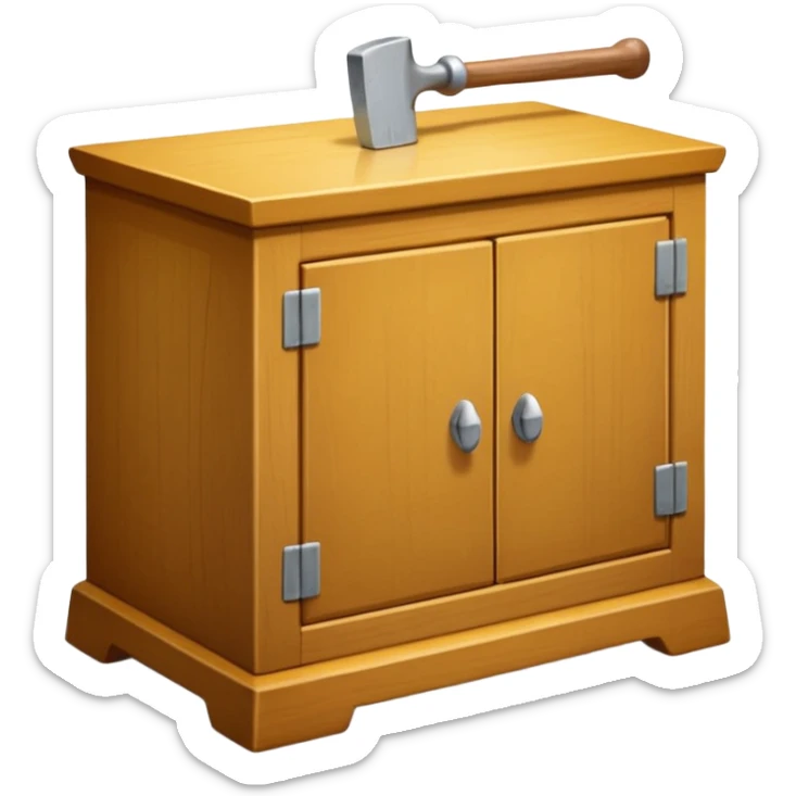 Compact emoji-style icon showing a small wooden cabinet with one door slightly open, a hammer resting beside it, and a plank of wood leaning in the background. Light brown wood tones, silver hammer head, yellow handle. Soft shadows, clean glossy look.  sticker
