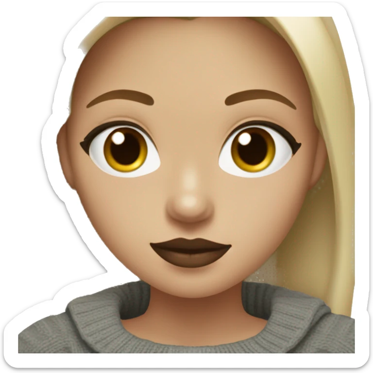 light skinned girl with dark green eyes and brown hair with blonde highlights wearing a grey off the shouldler sweater and dark red lipstick sticker