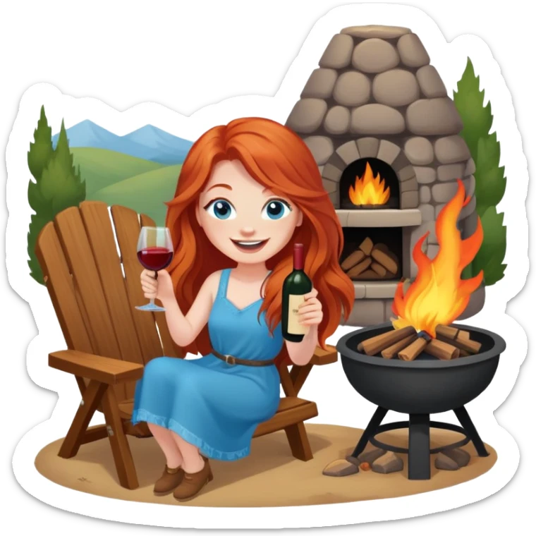 Laughing redhead with long hair and blue eyes holding wine bottle sitting in chair beside fire pit  sticker