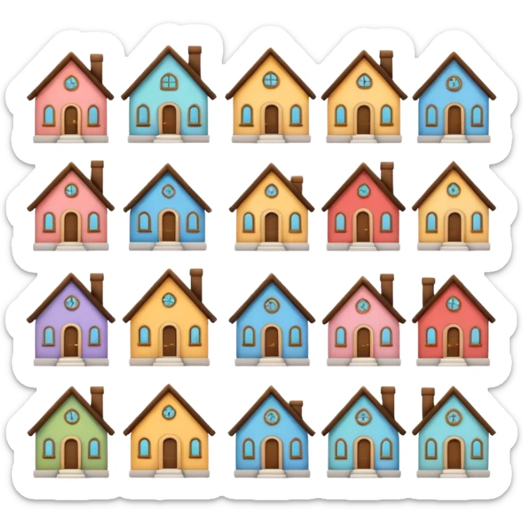 design 20 different emojies of houses, everything from small houses to giant mansions sticker
