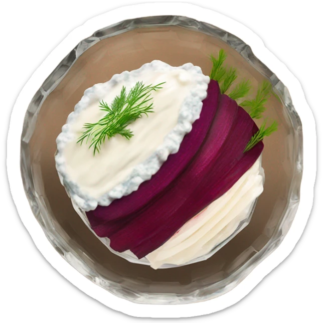 Shuba russian Layered Beet dish  with Herring and mayonnaise in Crystal bowl, dill on top  sticker