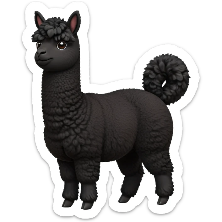 cinematic-[black alpaca]-realistic-full-body-standing-emoji,-tail-flicking-lazily,-head-tilted-dramatically,-curly-[black]-fur,-simplified-yet-realistic-focused-features,-highly-detailed,-glowing-with-an-almost-sarcastic-glow sticker