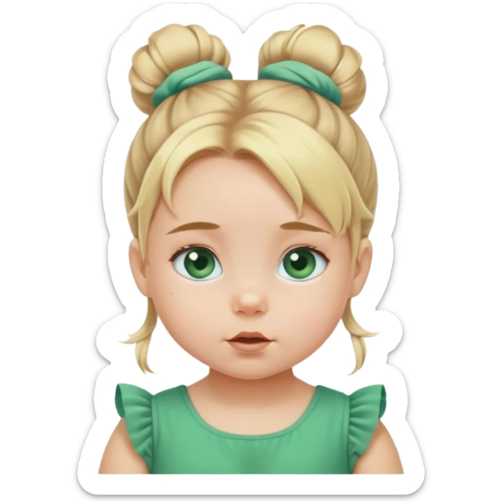 Blond baby girl blue eyes  with messybun  green dress blue eyes sticker