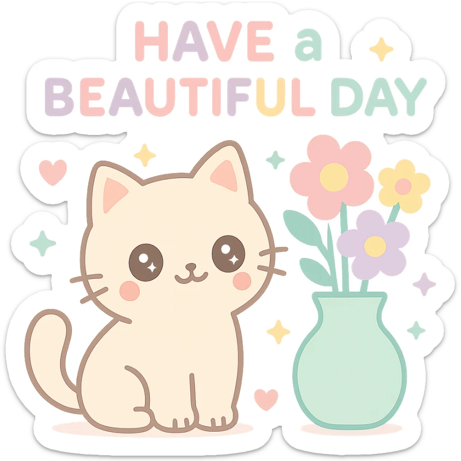 A delightful cat beside a vase of vibrant flowers, with the text "Have a Beautiful Day". The image should exude a sense of calm and beauty. sticker