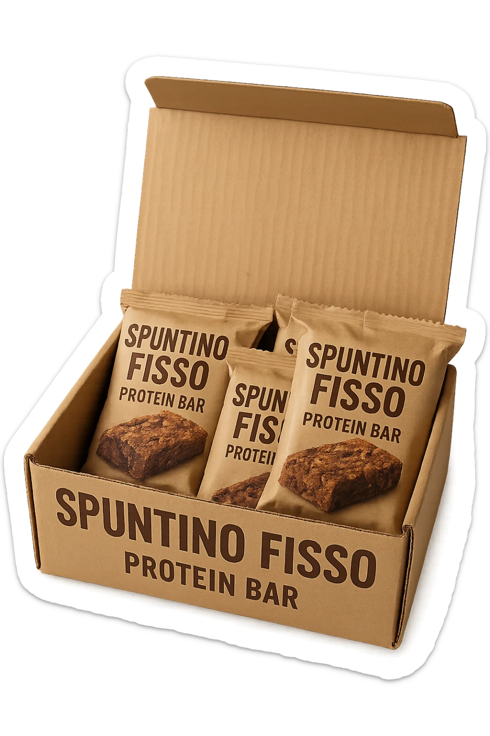 scatola aperta piena di barrette proteiche, con la scritta "SPUNTINO FISSO" SULLA CONFEZIONE in italiano,  realistici sticker