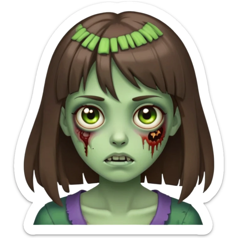 Zombie girl, with long brown hair and short bangs, and green skin sticker