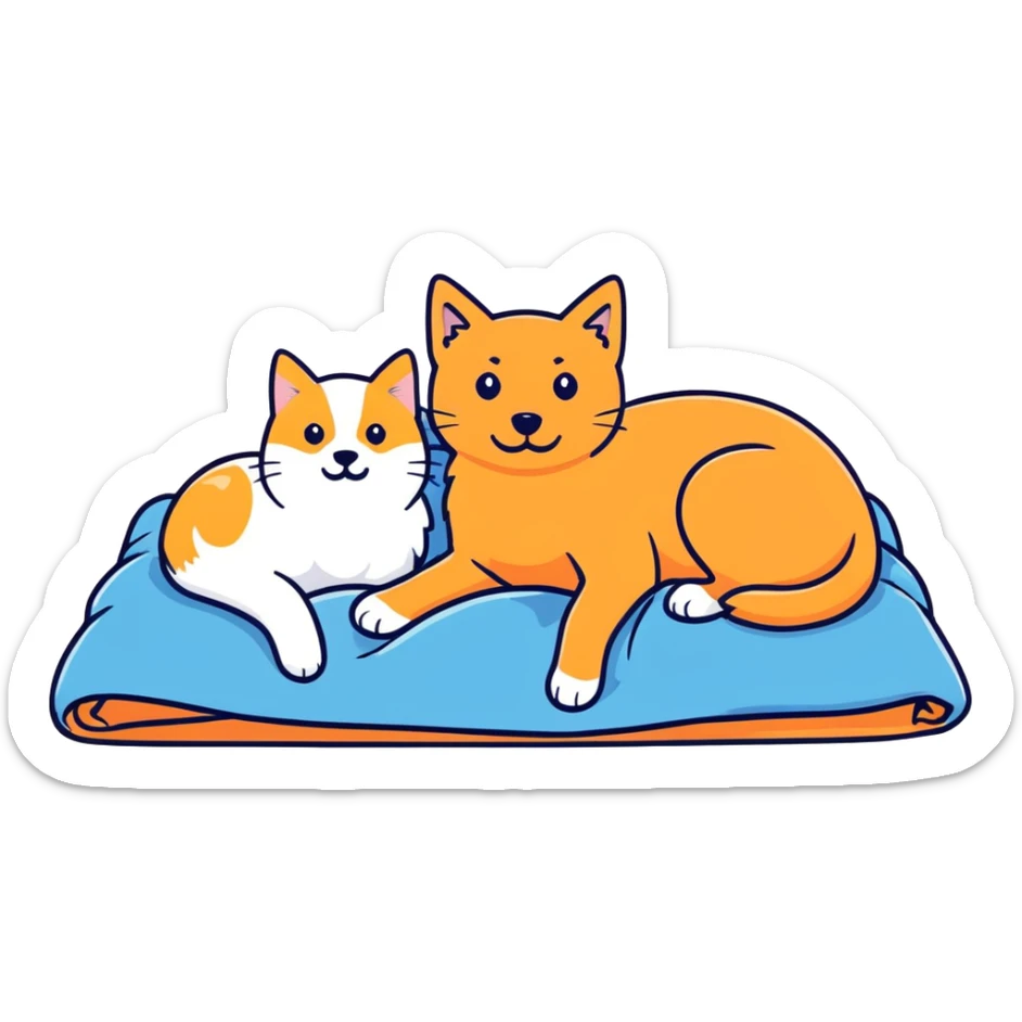 An Orange cat and an English cream retriever dog in a blue blanket  sticker