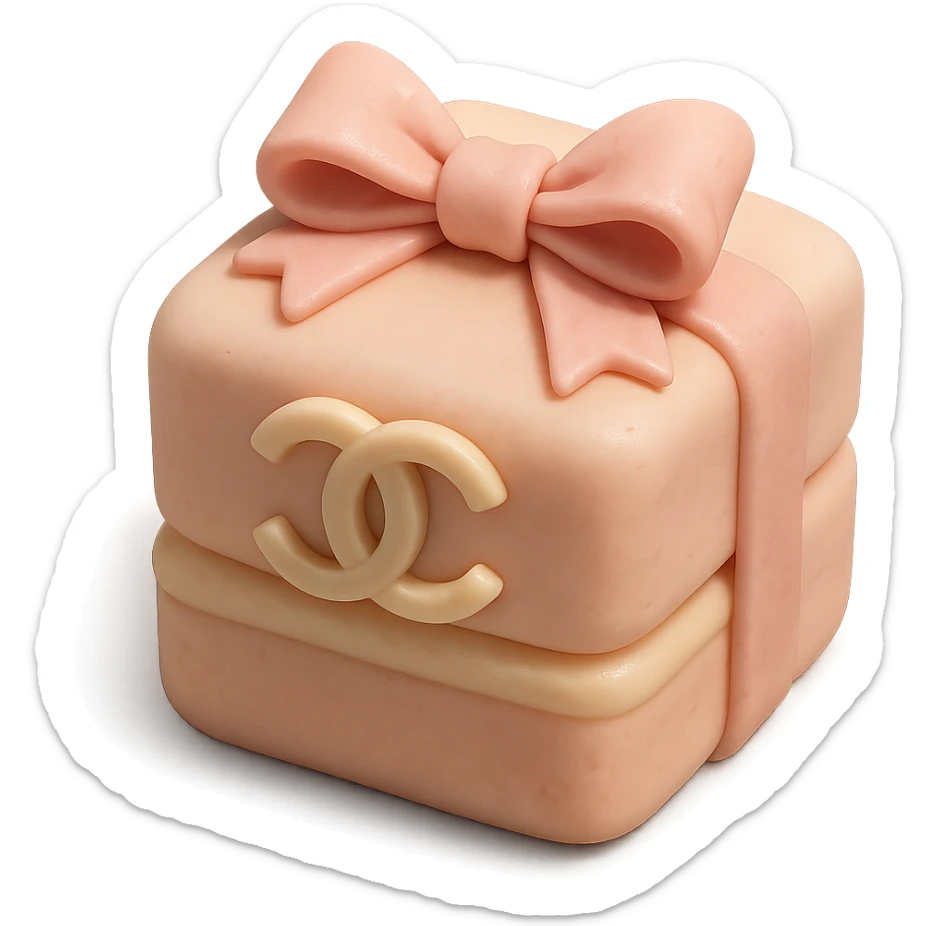 pastel Chanel petit four with a pink bow and logo, fondant cake art style sticker